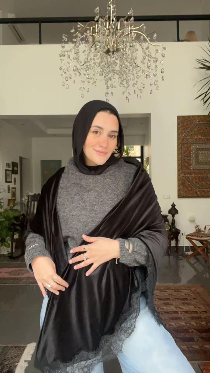 Velvet lace scarf Black