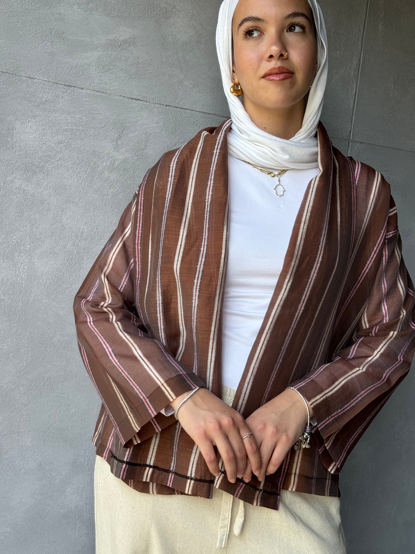 Open Stripped Cardigan Brown