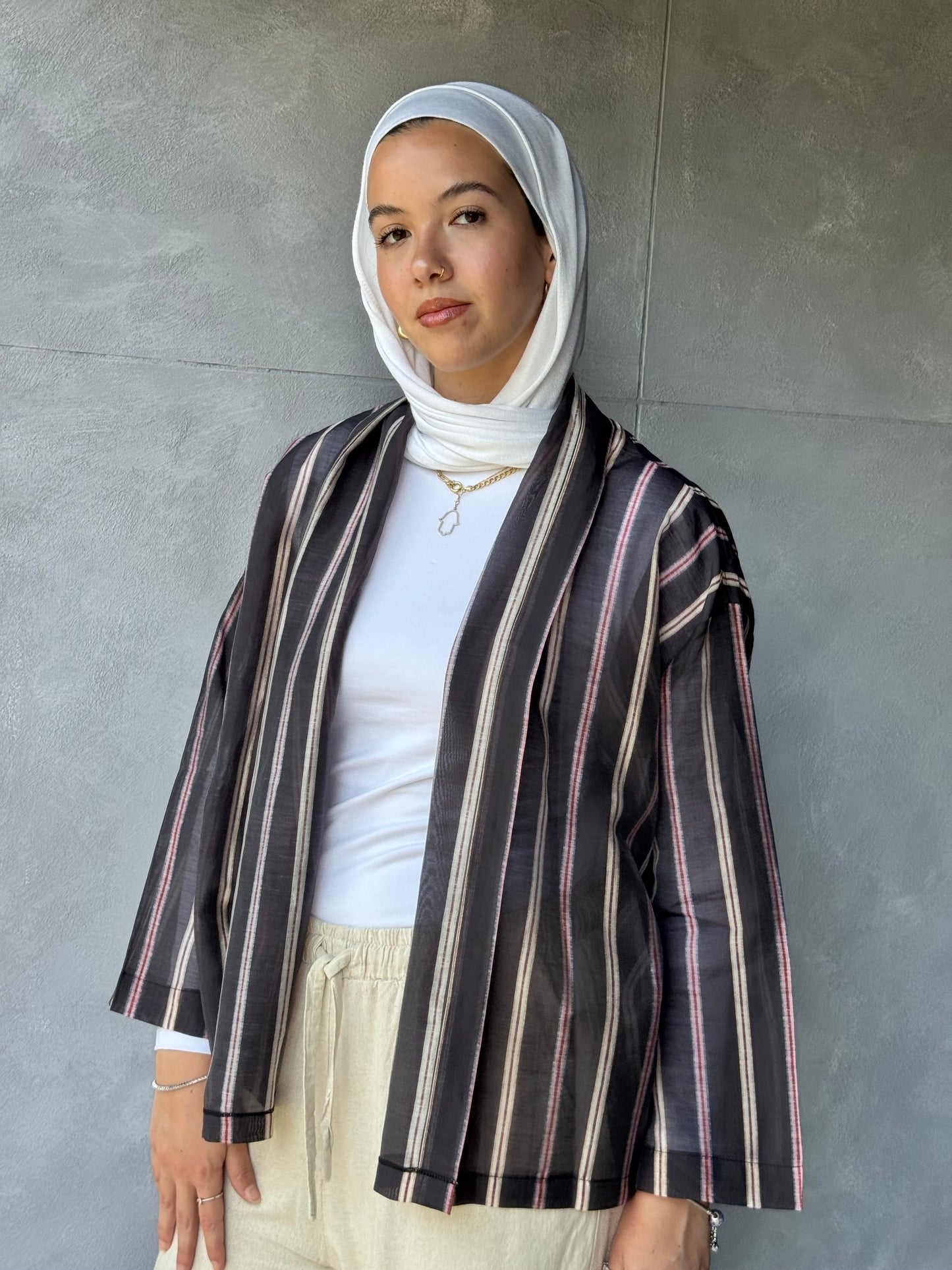 Open Stripped Cardigan Black