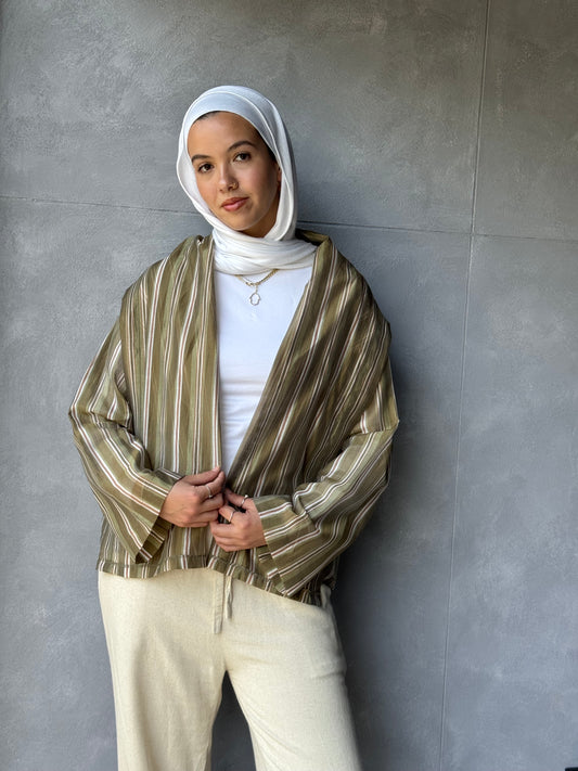 stripped Open Cardigan Olive