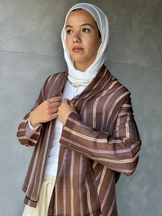 Open Stripped Cardigan Brown