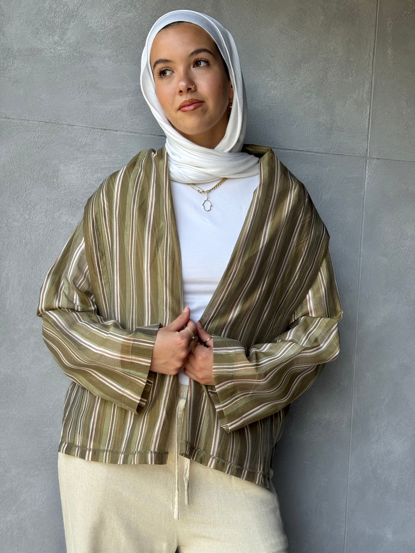 stripped Open Cardigan Olive