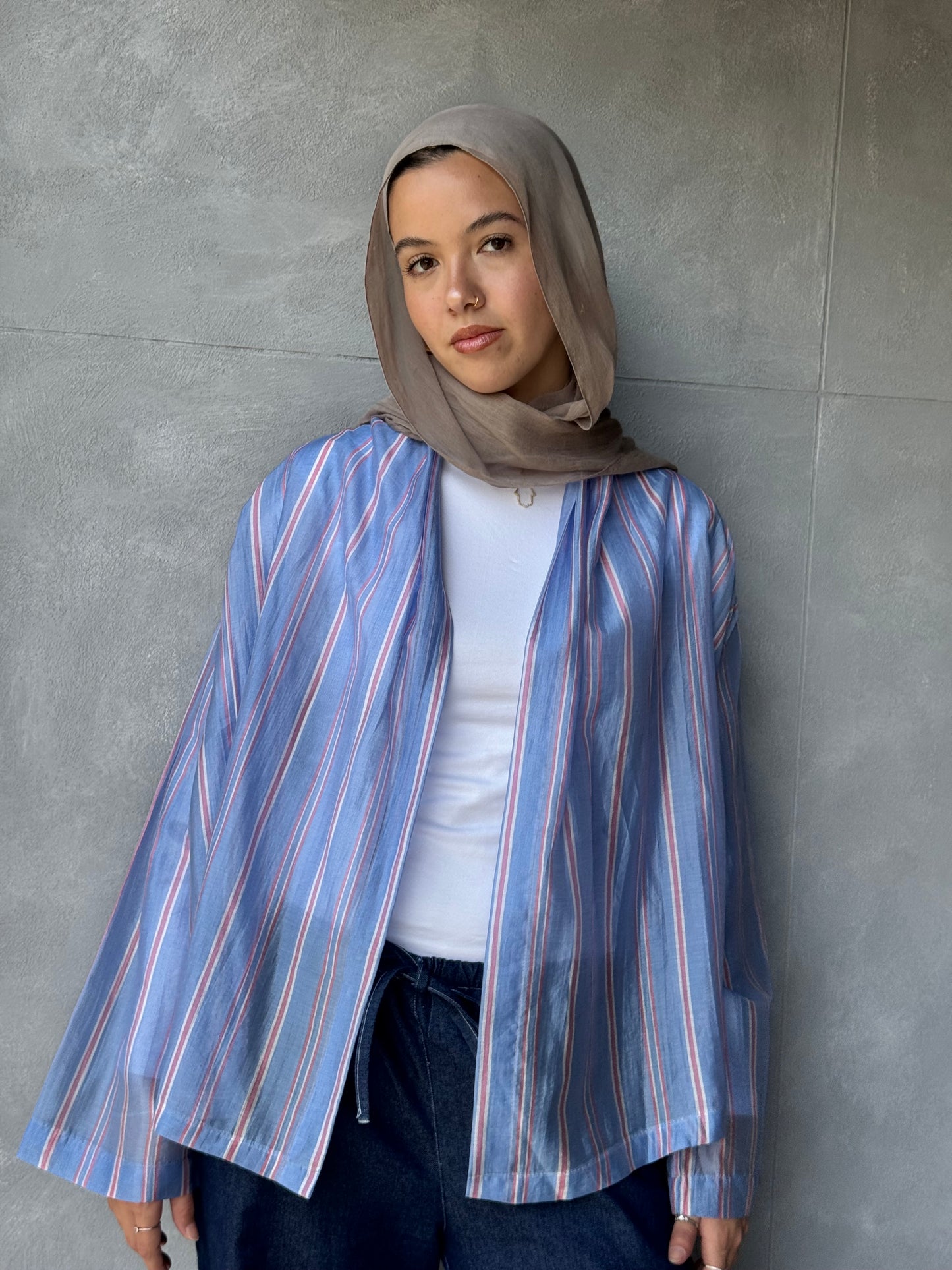 Open Stripped Cardigan Blue