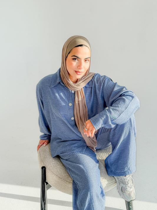 Jeans Linen Set In Light Blue