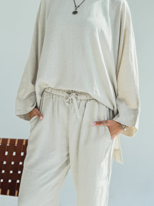 Linen Poncho Set In Beige