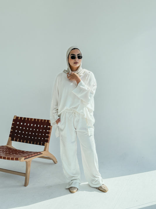 Linen Poncho Set In White